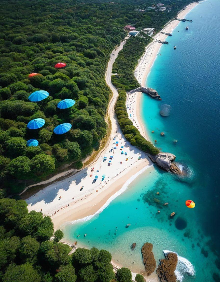 A serene aerial view of a stunning Turkey coastline with inviting turquoise waters and charming colorful beach umbrellas, featuring a small aircraft cruising high in the bright blue sky. Include elements of iconic landmarks like the Hagia Sophia and hot air balloons drifting softly in the distance. The scene should evoke a sense of adventure and freedom in air travel. super-realistic. vibrant colors. white background.