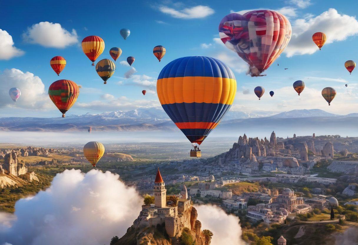A picturesque aerial view of Turkey featuring iconic landmarks like Hagia Sophia and Cappadocia hot air balloons flying in a bright blue sky. Overlay graphical elements such as flight price tags and a globe to symbolize smart travel tips. Include a traveler happily checking his phone for flight deals, surrounded by clouds. vibrant colors. super-realistic.