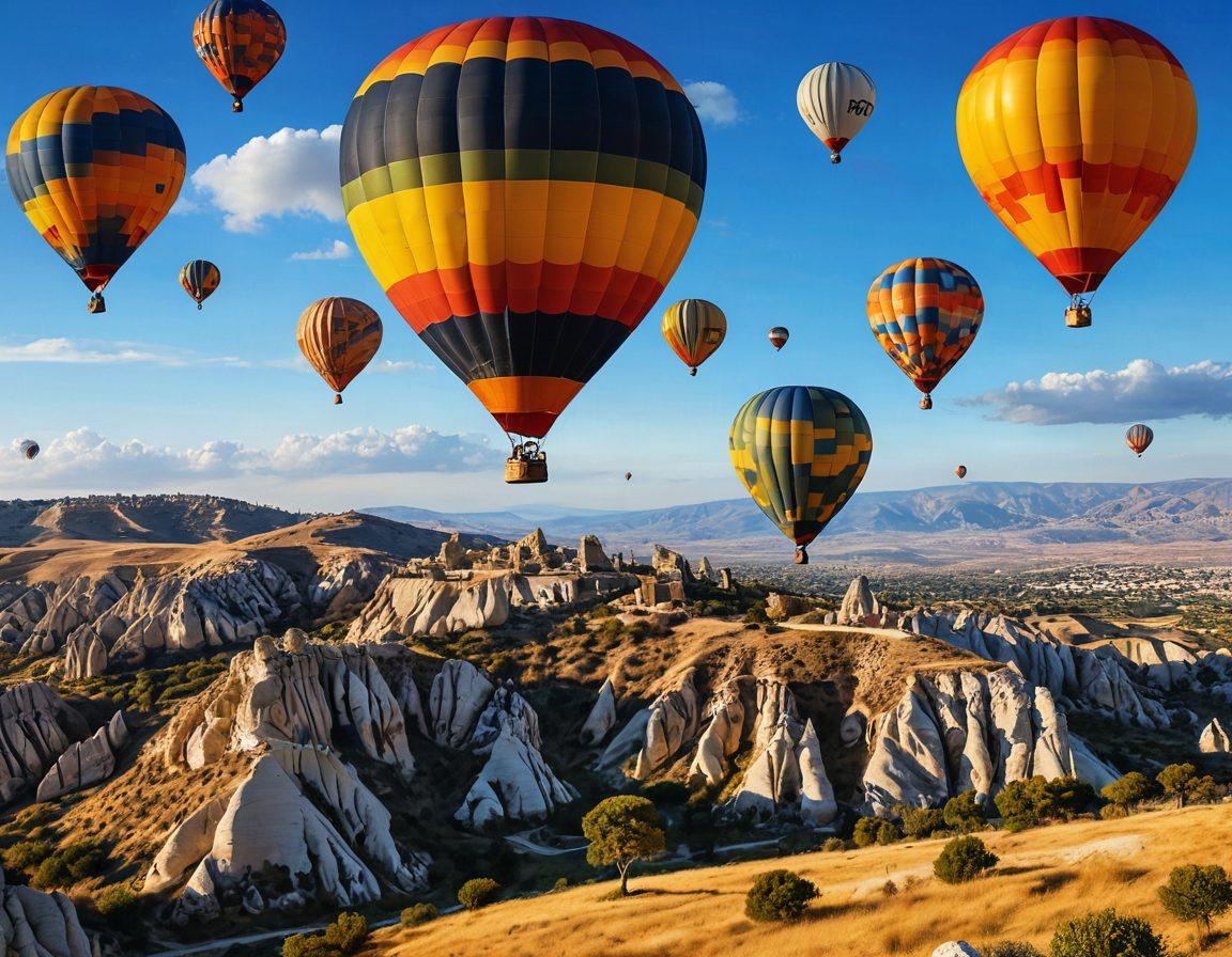 A vibrant scene showcasing the stunning landscapes of Turkey, featuring hot air balloons over Cappadocia, ancient ruins of Ephesus, and the beautiful coastline of the Mediterranean. Include icons of adventure like a backpack, a map, and a compass, while travelers of diverse backgrounds explore these destinations. The sky should be a bright blue with fluffy white clouds, evoking a sense of wanderlust. super-realistic. vibrant colors. white background.